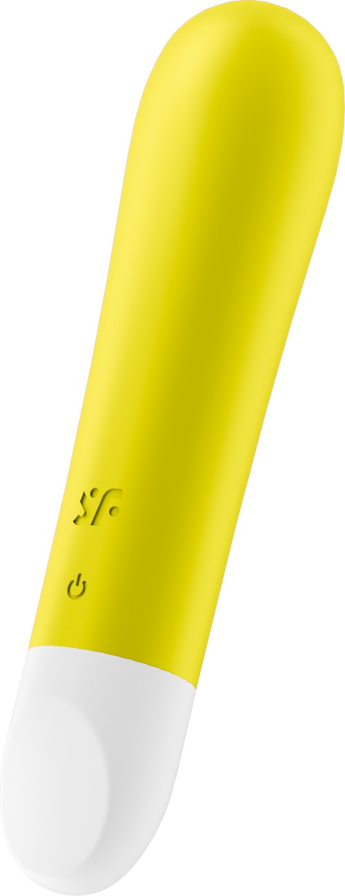 En gul och vit handhållen enhet med symboler och en knapp, sannolikt en hälsa eller wellness-pryl.