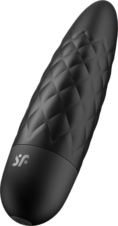 Black, cylindrical object with textured surface, likely a personal massager or vibrator. Logo near the bottom.