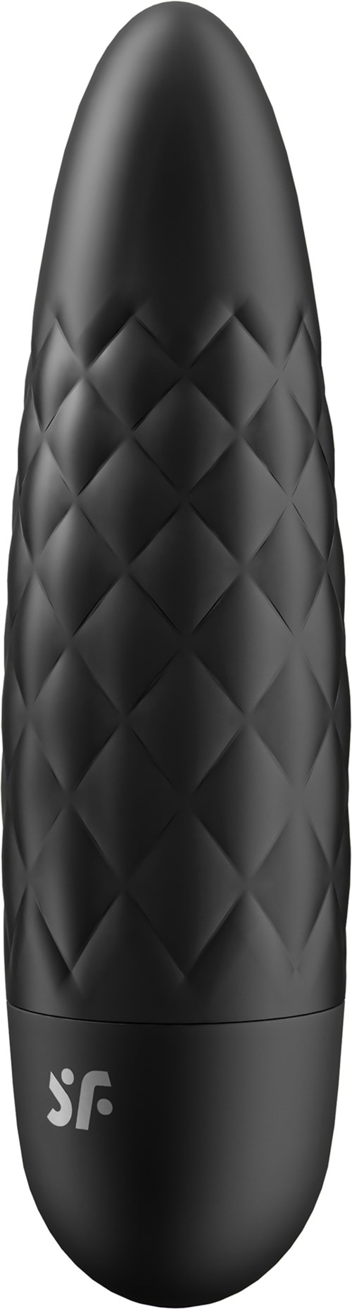 A black, textured, capsule-shaped device with a diamond pattern and a small logo at the bottom.