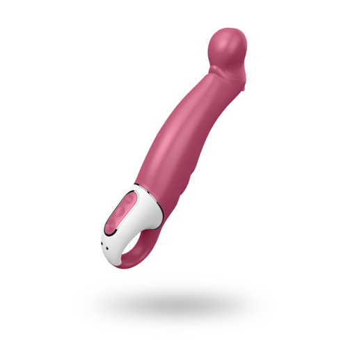 En rosa böjd enhet med en vit bas och en rosa knapp, formad som en liten rund stav.