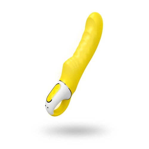 En gul kurvad enhet med vita och grå ändar, som liknar en vibrator, mot vit bakgrund.
