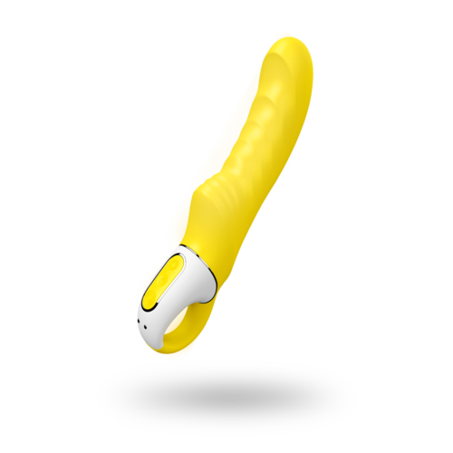 En gul personligvårdsapparat med handtag och rund spets.