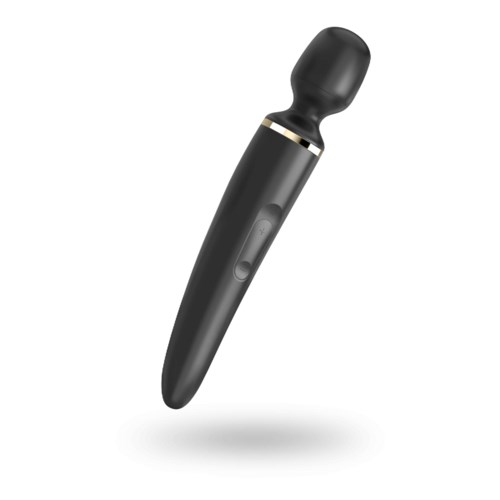 En svart, böjd enhet med ett runt huvud och en knapp på sidan, liknande en massageapparat eller massagetillbehör.