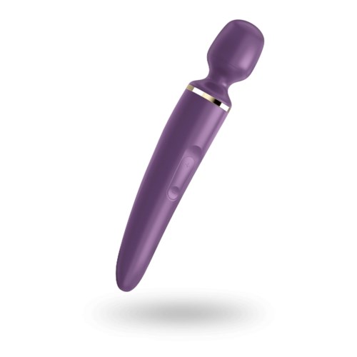 En lila massageapparat med ett runt huvud och en strömbrytare på skaftet.