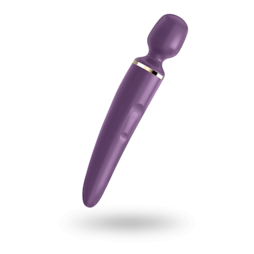 En lila personlig massager med en böjd spets och en kontrollknapp, avsedd för avkoppling eller massage.