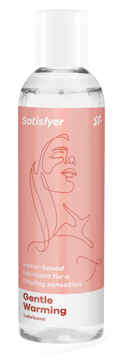 En tydlig flaska med rosa etikett, visar en linjeteckning av ett leende ansikte. Etiketten säger "Satisfyer" och "Gentle Warming".