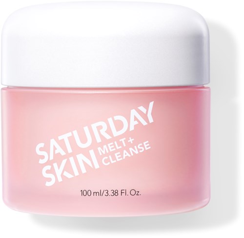 En rosa burk med vit lock, märkt 'Saturday Skin + Melt + Cleanse', innehållande 100 ml produkt.