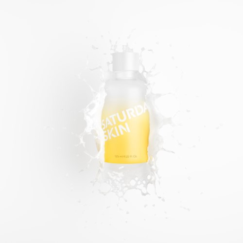 A yellow and white skincare bottle with splash effects around it.