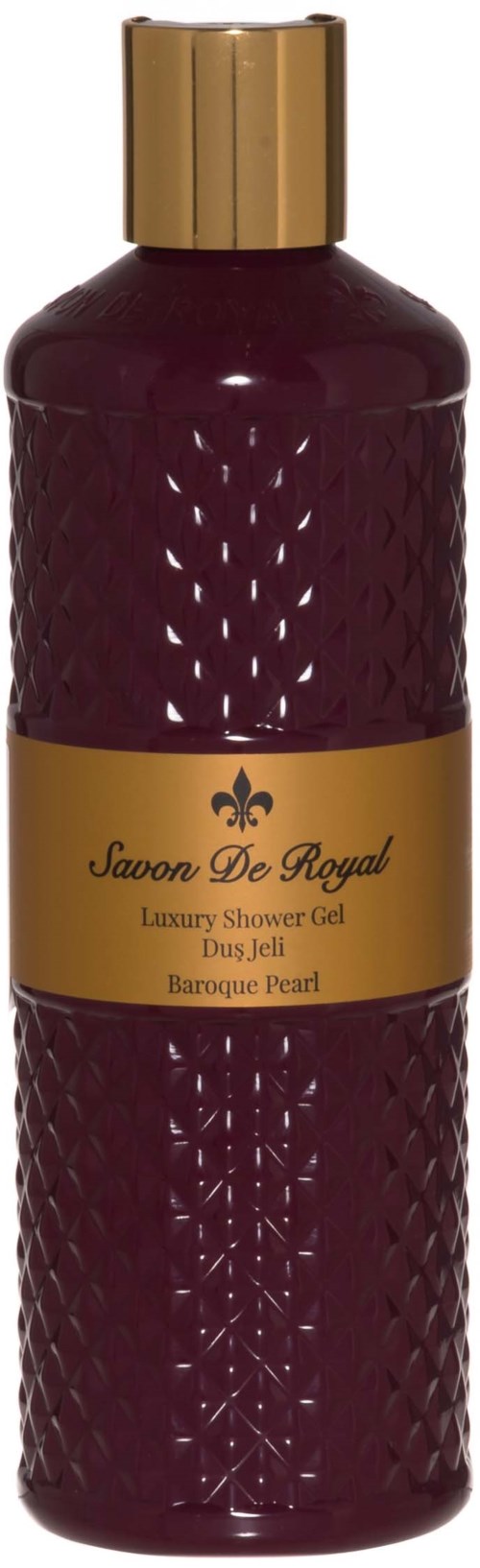 Een paarse douchegelfles met een gouden deksel en gouden label, met de tekst 'Sapon De Royal' en 'Luxury Shower Gel'.