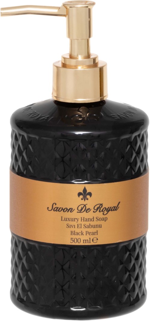 Een zwart, getextureerde zeepdispenser met een gouden pomp en etiket die zegt "Savon De Royal Black Pearl."