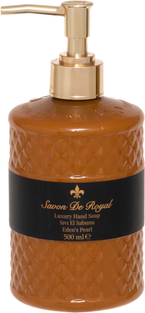 Een bruine zeepdispenser met een gouden pomp, gelabeld "Savon De Royal Luxury Hand Soap" en een zwarte band.