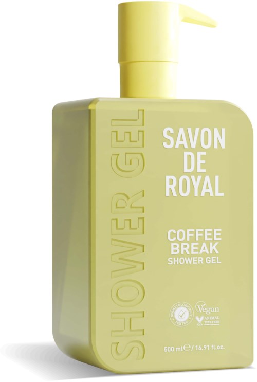 Een gele douchegel fles met de tekst "Coffee Break" en een pomp aan de bovenkant.