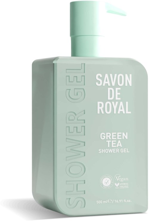 Een groen thee douchegel fles met klep, gelabeld 'Savon de Royal' en 'Vegan approved'.