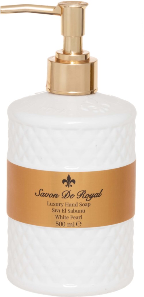 Een witte, getextureerde zeepdispenser met gouden pomp en label, bevat luxe handzeep.