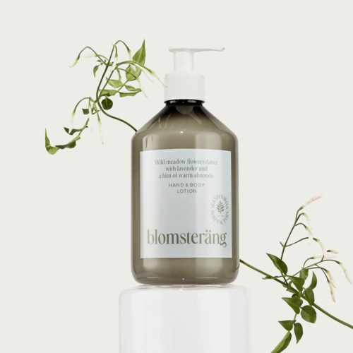 Eine graue Pumpflasche mit Hand- und Körperlotion, umgeben von grünen Ranken.