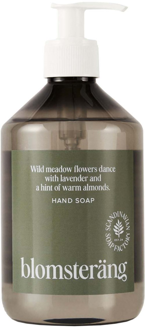 En mörkgrå flaska med vit pump, märkt som handtvål med lavendel och mandel doft, från Blomsteräng.