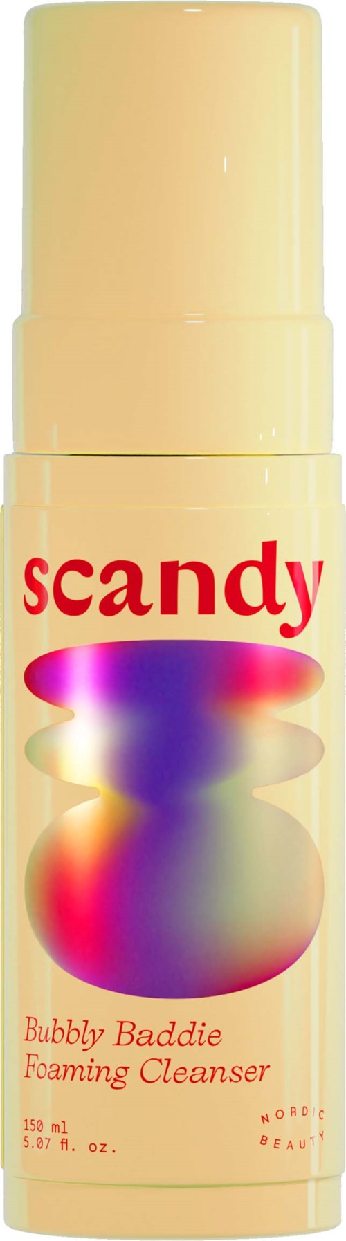 Een beige fles met een kleurrijke, reflecterende figuur, gemarkt "scandy" en "Bubbly Baddie Foaming Cleanser."