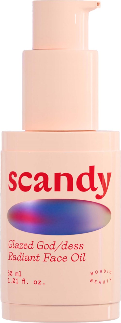 Een lichtroze fles met pomp, gelabeld 'scandy' en 'Radiant Face Oil,' bevat 30 ml gezichtsolie.