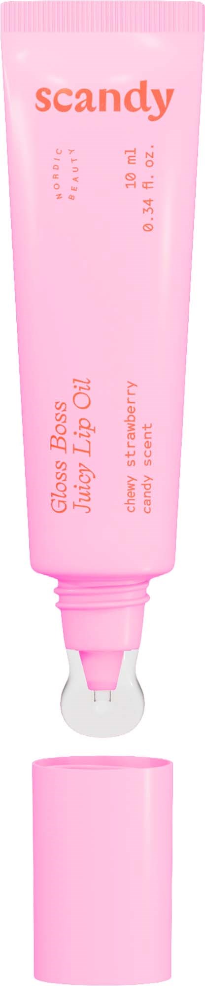 Een roze tube glans of lipolie met een verwijderbare dop. Label zegt "scandy" en "Gloss Boss Juicy Lip Oil".