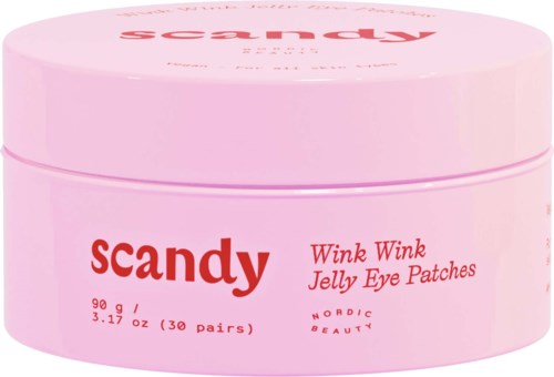 Ronde roze doos met rode en roze tekst voor oogpatches. Het zegt 'Scandy Wink Wink Jelly Eye Patches.'