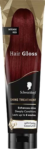 En svart och guld flaska innehåller Schwarzkopf hårglans schampo, med fokus på intensiv röd färg och glansbehandling.