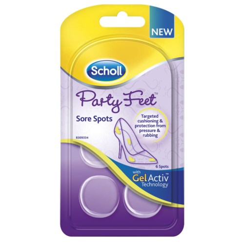 Förpackning för Scholl Party Feet, avsedd att minska ömhet från högklackade skor, visar gelpluttar för dämpning, inklusive sex pluttar.