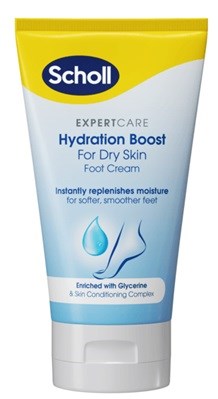 Scholl Hydration Boost jalkavoideputeli sinisellä etiketillä, joka lupaa välittömän kosteutuksen kuiville jaloille.
