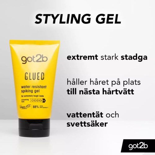 Keltainen puteli tyyligele ja ruotsinkielinen teksti, joka kuvaa sen ominaisuuksia kuten hiusten pitäminen ja vedenkestävyyden.