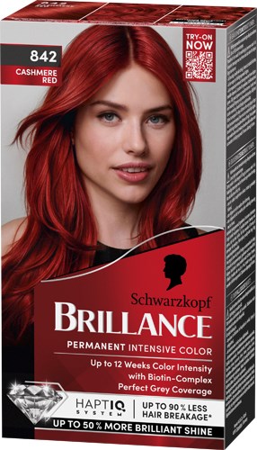 En kvinde med lyst rødt hår på en hårfarveboks, mærket Schwarzkopf Brillance permanent farve.