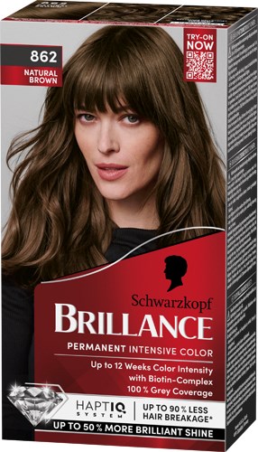 En kvinde med langt brunt hår og pandehår, på en hårfarveæske mærket Schwarzkopf Brillance.