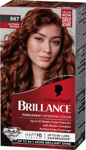 A hair dye box with a woman showing her long, curly, brown hair. The box highlights temporary, vibrant color and coverage.