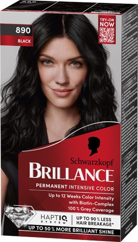 En kvinna med långt svart hår ler, i en hårfärgningsförpackning märkt Schwarzkopf Brillance permanent färg.