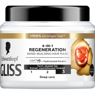Een haarmasker container met label '4-IN-1 REGENERATION' en een afbeelding van haar en haarverzorgingsvoordelen.