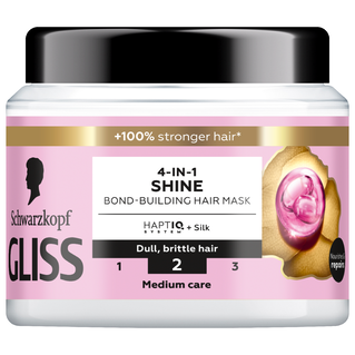 En krukke med Schwarzkopf Gliss hårmaske, rosa og svart, med gull og hvit tekst. Har en illustrasjon av skinnende hår.
