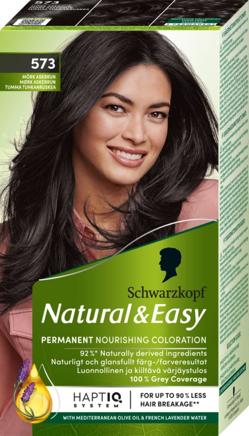 En æske med Schwarzkopf Natural & Easy permanent hårfarve med en smilende kvinde på forsiden.