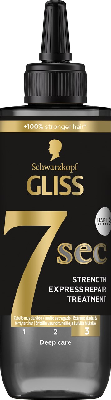 The black and gold bottle has a pointed cap, labeled as a hair treatment for deep care and repair.