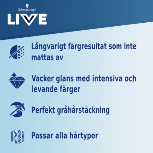 Bildtexten listar fördelar: långvarig färg, livfulla glansiga färger, perfekt gråttäckning och passar alla hårtyper.