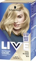 En blond kvinna med lockigt hår som håller ett hårfärgningsprodukt med Schwarzkopf-loggan.