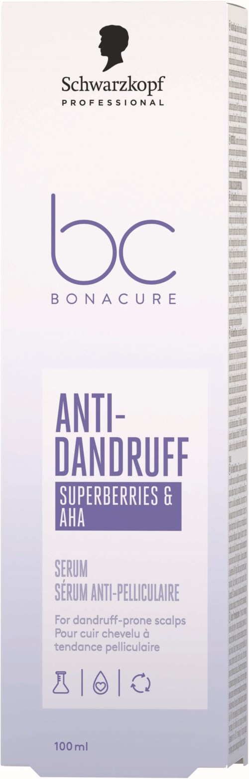 Hautpflege-Serum gegen Schuppen mit Superbeeren und AHA in einer langen, weißen und lila Box von Schwarzkopf.