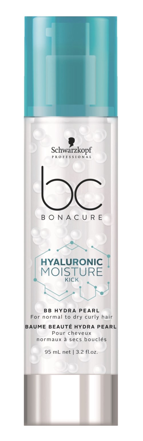 En vit och blå flaska med Schwarzkopf Bonacure Hyaluronic Moisture Kick hårprodukt.