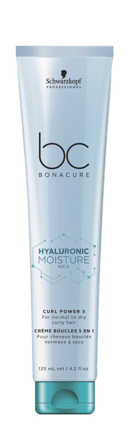 Vaaleansininen puteli Schwarzkopf Bonacure Hyaluronic Moisture Kick -tuotteelle kiharoille.