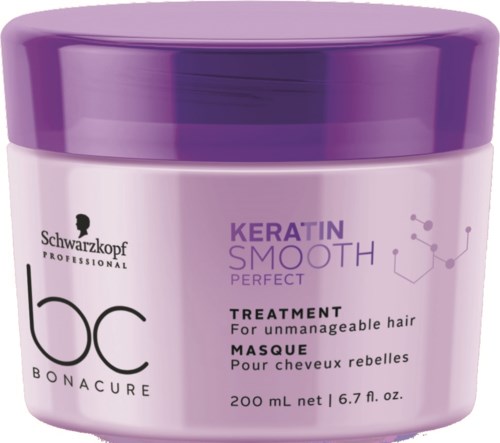 En rosa krukke med Schwarzkopf BC Bonacure Keratin Smooth hårbehandling, for ustyrlig hår, med lilla lokk.