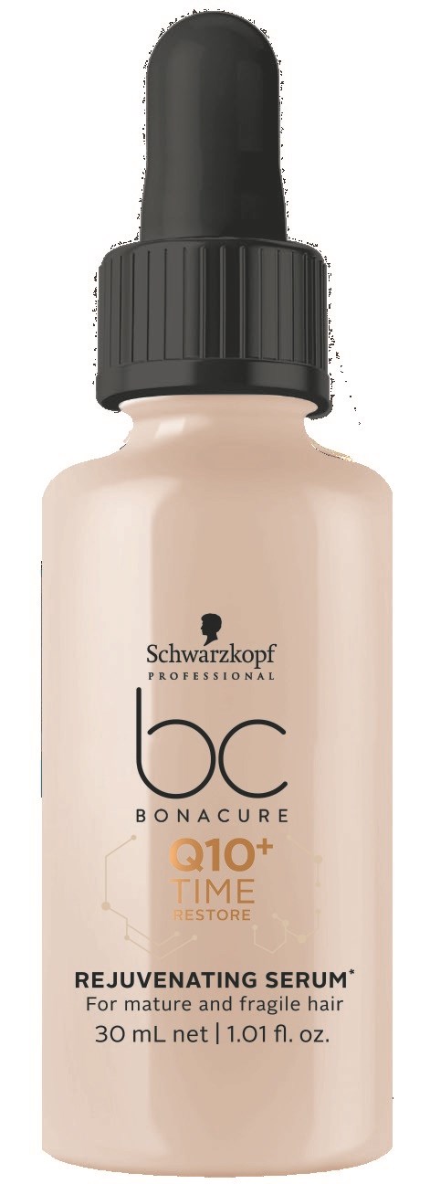 Beżowa butelka z czarnym kroplomierzem, oznaczona jako serum Schwarzkopf profesjonalne do włosów, z Q10+ Time Restore.