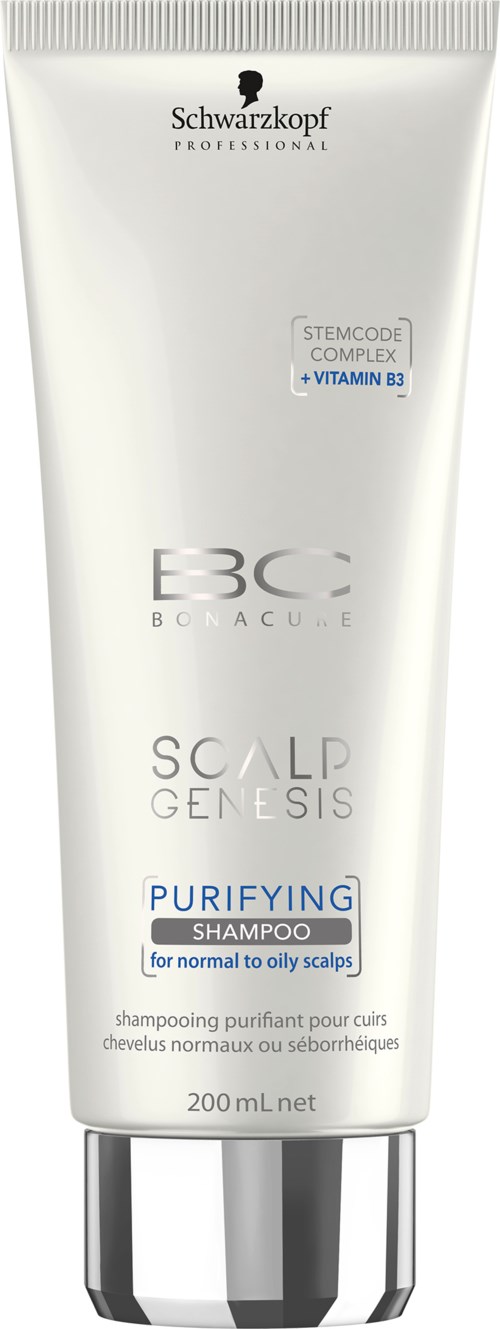 En hvit sjampo tube med svart lokk, merket Schwarzkopf, for normalt til fett hodebunn, kalt Purifying Shampoo.