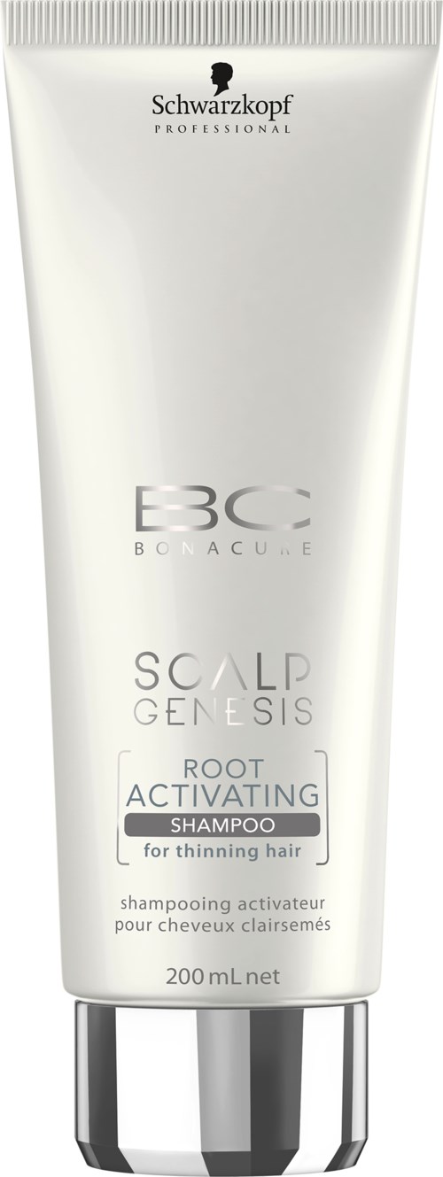 Een witte tube Schwarzkopf Scalp Genesis Root Activating Shampoo voor dun haar met zwarte tekst en zilveren dop.