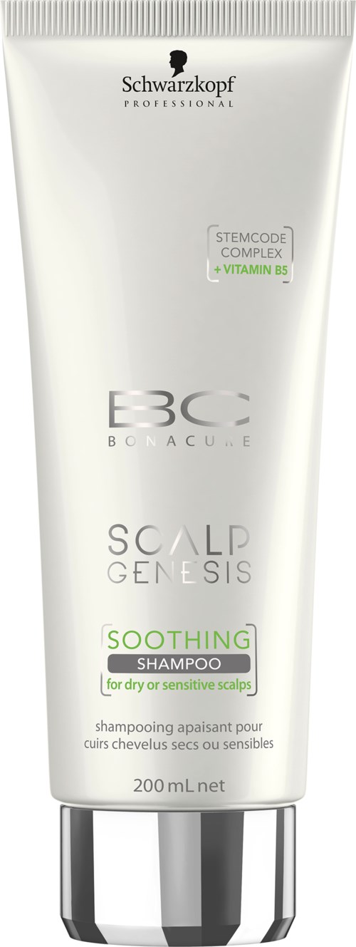 En hvit tube med Schwarzkopf professional scalp genesis beroligende sjampo for tørre eller følsomme hodebunner med grønne detaljer og svart hette.