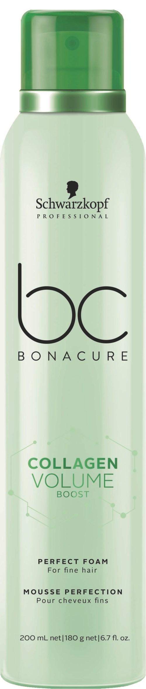 Zielona i biała butelka oznaczona Schwarzkopf BC Bonacure Collagen Volume Boost piankę lub mus do włosów.