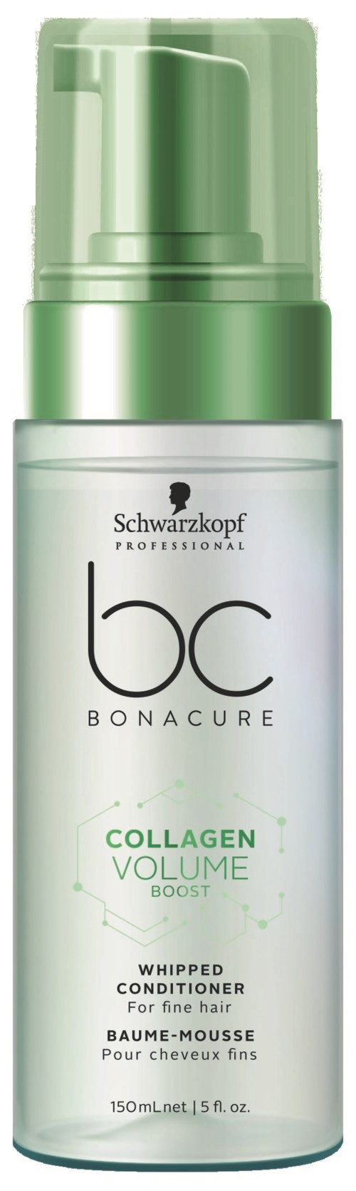 Zielona i biała butelka Schwarzkopf Bonacure Collagen Volume Boost odżywka do cienkich włosów.