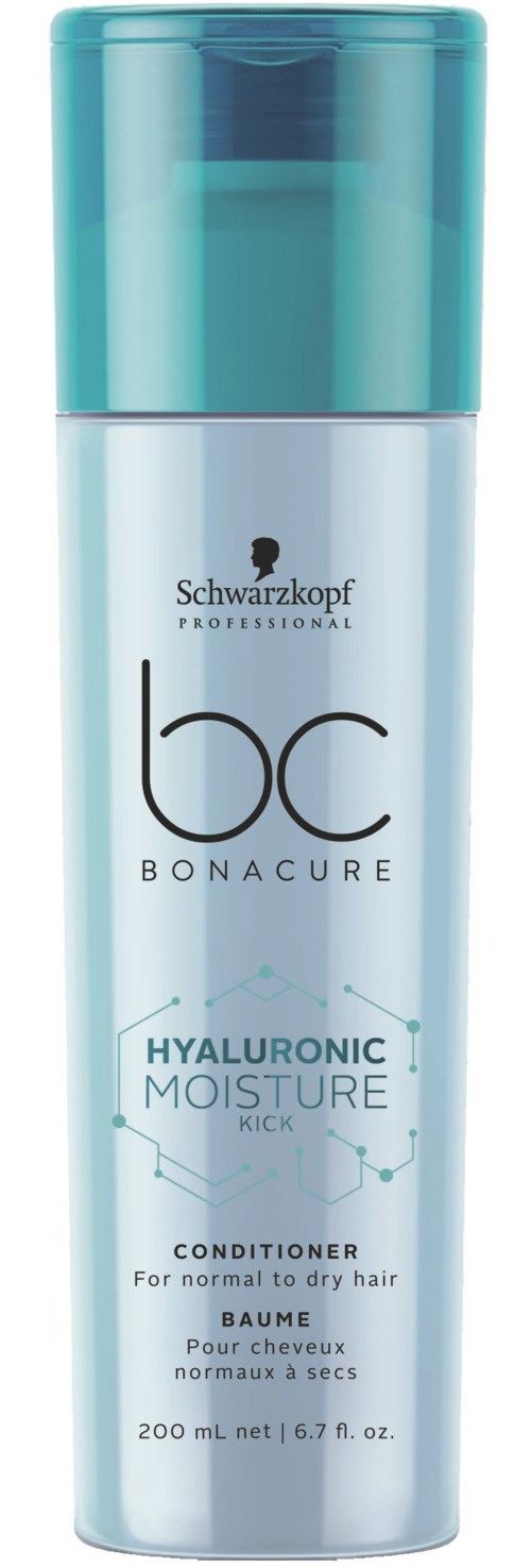 En silverflaska med blå kork, märkt Schwarzkopf BC Bonacure Hyaluronic Moisture Kick Conditioner för torrt hår.