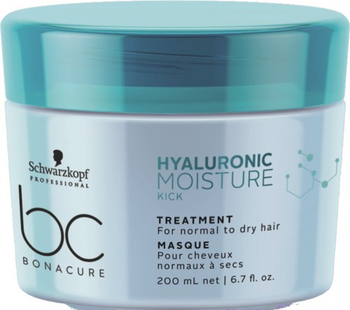 En vit och teal behållare med Schwarzkopf Bonacure Hyaluronic Moisture Kick-behandling för torrt hår.